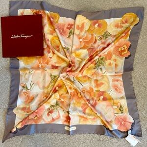 Salvatore Ferragamo NWT authentic silk scarf made in Italy. Pansey design.